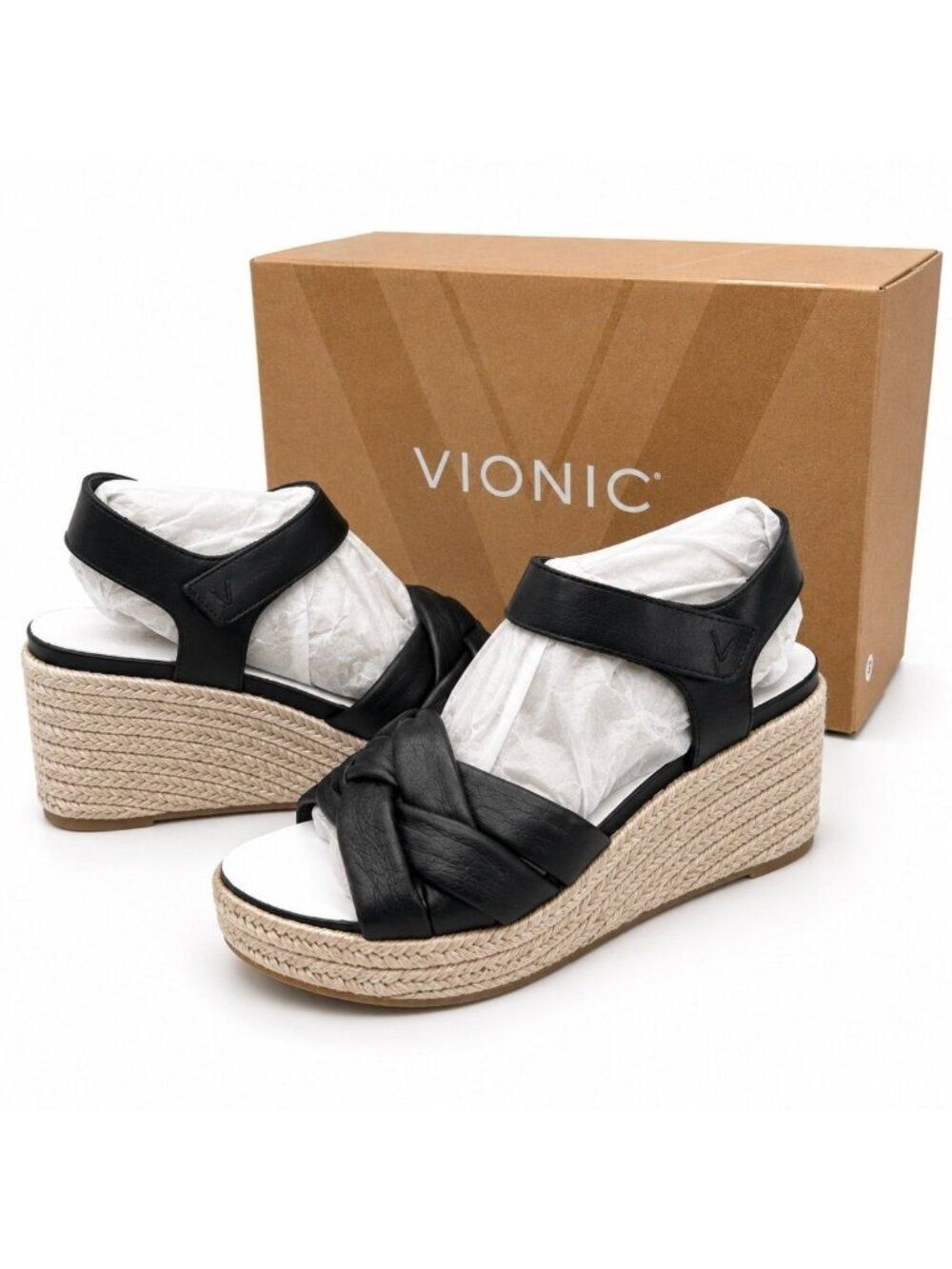 Vionic Saratoga Supportive Black Leather Espadrille Wedge Sandals Womens 6
